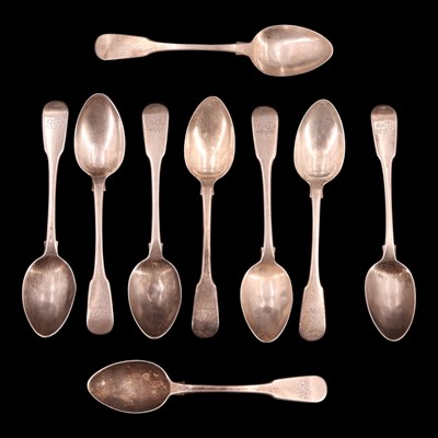 Lot 1142 - A set of nine George IV fiddle pattern silver...
