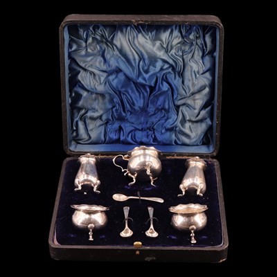 Lot 1148 - A cased George V silver cruet set, Lee and...