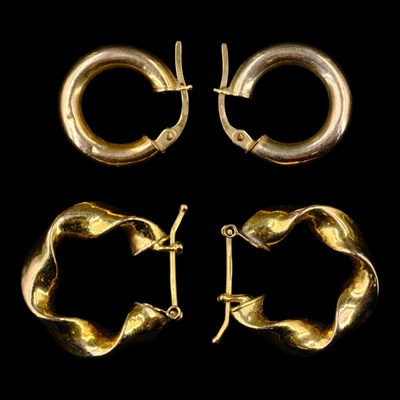 Lot 1379 - Two pairs of contemporary 9 ct gold hoop...