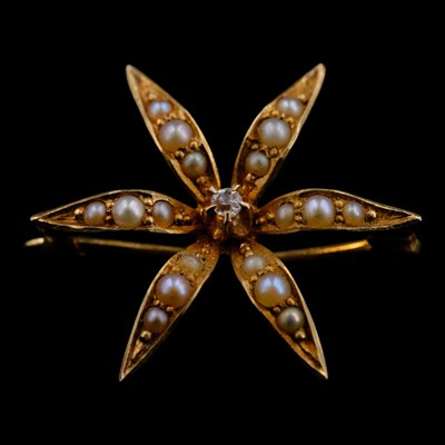 Lot 1452 - A vintage diamond, seed-pearl and 14 ct yellow...