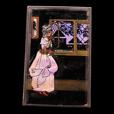 Lot 1179 - A butterfly wing picture of a lady by a window,...