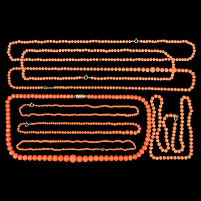 Lot 1495 - Eight antique and vintage coral bead necklaces...