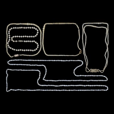 Lot 1496 - Six antique and vintage pearl necklaces, one...