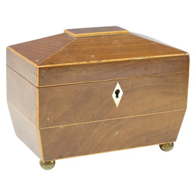 Lot 928 - A mahogany and boxwood sarcophagus form tea...