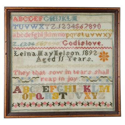 Lot 853 - A Victorian cross-stitch embroidered alphabet...