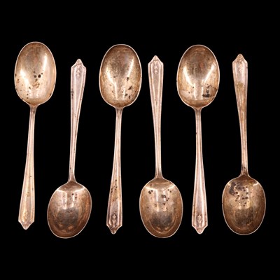 Lot 1227 - A set of six 1930s silver coffee spoons, each...