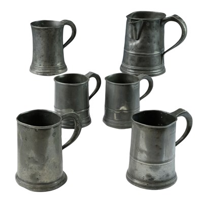 Lot 910 - Five Victorian pewter beer mugs together with...