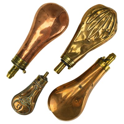 Lot 253 - Four Victorian copper and brass powder flasks,...