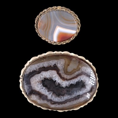 Lot 1414 - Two large Victorian oval banded agate and gilt...