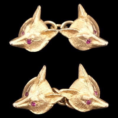 Lot 1298 - A pair of 1980s ruby and 9 ct gold fox's mask...