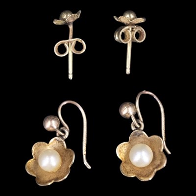 Lot 1335 - A pair of 1960s pearl and 9 ct gold flowerhead...