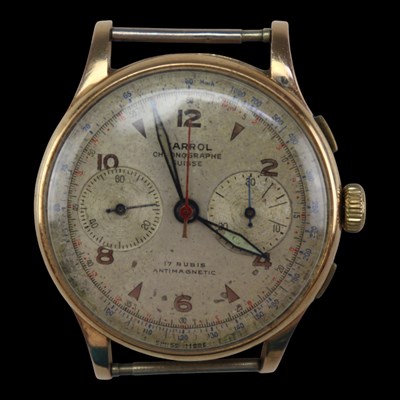 Lot 1457 - A 1950s Swiss Carrol Chronograph 18 ct yellow...