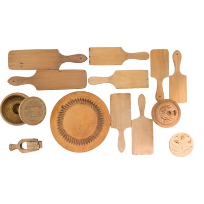 Lot 854 - A group of antique dairy and baking treen,...