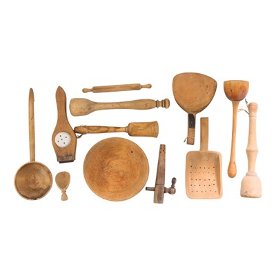 Lot 855 - A group of antique kitchen treen, including a...