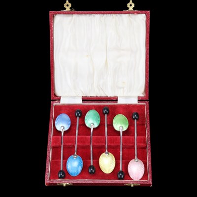 Lot 1174 - A cased set of vintage basse taille enamelled...