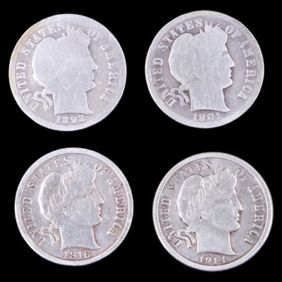 Lot 393 - Four US "Barber" silver dime coins, 9.2 g