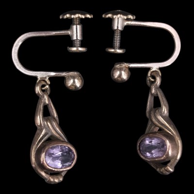 Lot 1372 - A pair of 1980s amethyst and 9 ct gold pendant...