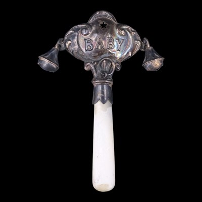 Lot 1091 - A 1920s baby's silver and mother-of-pearl...