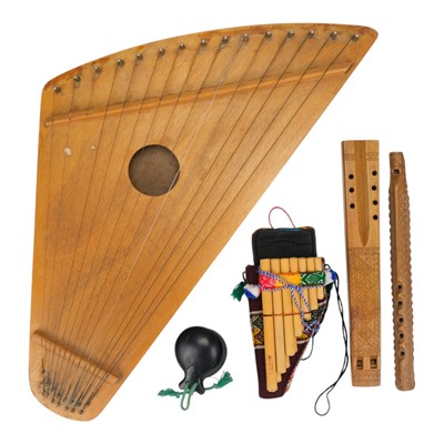 Lot 663 - Musical instruments including a kantele, a pan...