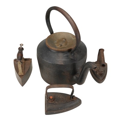 Lot 841 - A large cast iron kettle, (lid...