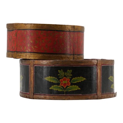 Lot 906 - Two Indian painted wooden drum-form bowls, of...